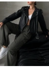 Muadil Model Kemerli Deri Ceket-Siyah