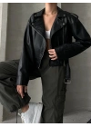 Muadil Model Kemerli Deri Ceket-Siyah