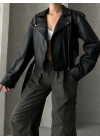 Muadil Model Kemerli Deri Ceket-Siyah