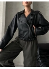 Muadil Model Kemerli Deri Ceket-Siyah