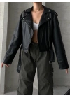 Muadil Model Kemerli Deri Ceket-Siyah