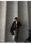Muadil Model Kemerli Deri Ceket-Siyah