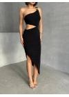 Bel Dekolteli Tek Omuz Elbise-siyah