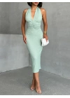 Boyundan Bağlamalı Büzgülü Elbise-Mint yeşil