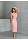 Boyundan Bağlamalı Büzgülü Elbise-pembe