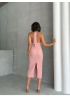 Boyundan Bağlamalı Büzgülü Elbise-pembe