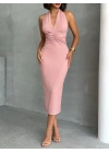 Boyundan Bağlamalı Büzgülü Elbise-pembe