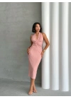 Boyundan Bağlamalı Büzgülü Elbise-pembe