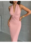 Boyundan Bağlamalı Büzgülü Elbise-pembe