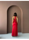 Boyundan Bağlamalı Uzun Elbise-kırmızı