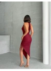 Degaje Yaka Büzgülü Elbise-bordo