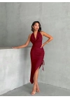 Degaje Yaka Büzgülü Elbise-bordo
