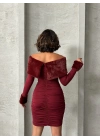 Kürk Detaylı Madonna Elbise-bordo