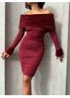 Kürk Detaylı Madonna Elbise-bordo