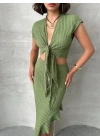 Önü Bağlamalı Fırfır Etekli Takım-yeşil