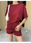 Şeritli Şort Etek Takım-bordo