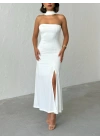 Straplez Fularlı Elbise-beyaz