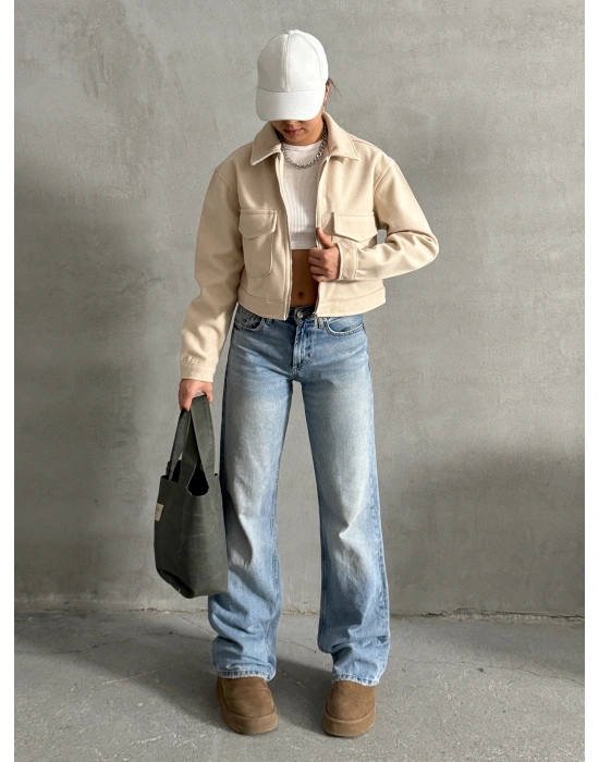 Fit Kaşe Ceket-Krem