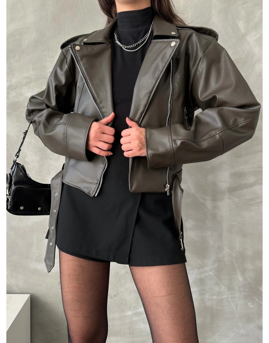 Muadil Model Kemerli Deri Ceket-Yeşil