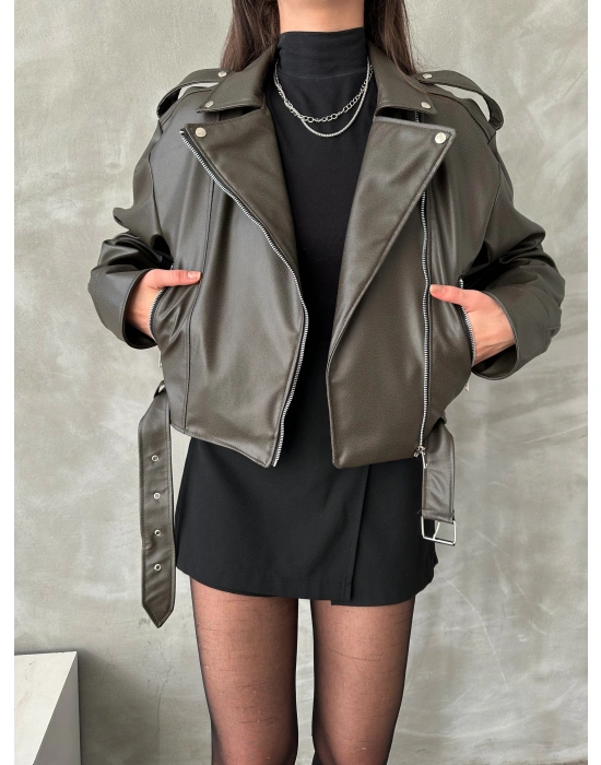 Muadil Model Kemerli Deri Ceket-Yeşil