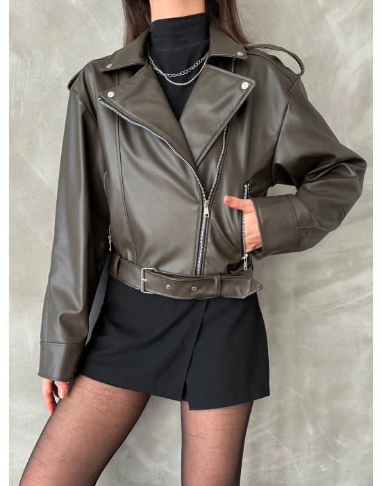 Muadil Model Kemerli Deri Ceket-Yeşil