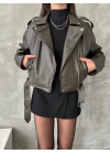 Muadil Model Kemerli Deri Ceket-Yeşil