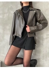 Muadil Model Kemerli Deri Ceket-Yeşil