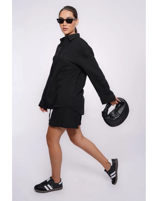 SeeH SH230 Müslin Şort Gömlek Takım Siyah