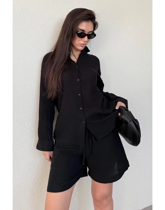 SeeH SH230 Müslin Şort Gömlek Takım Siyah