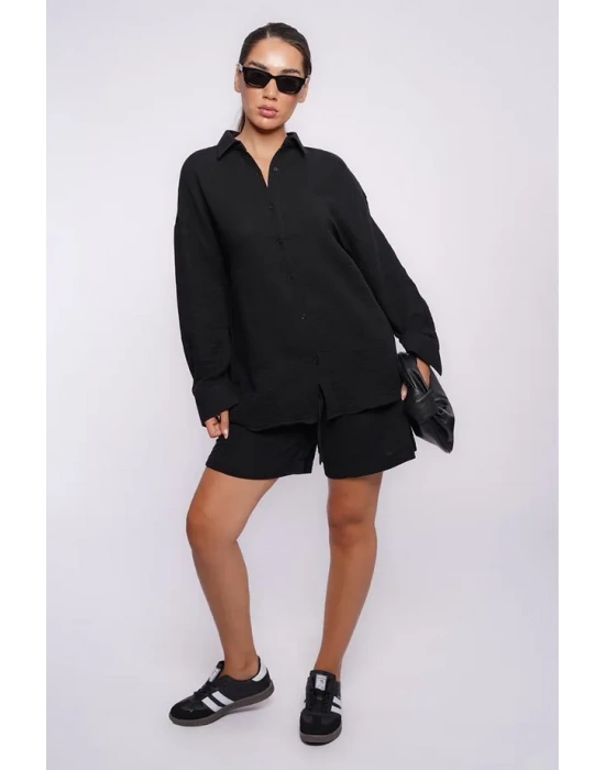 SeeH SH230 Müslin Şort Gömlek Takım Siyah