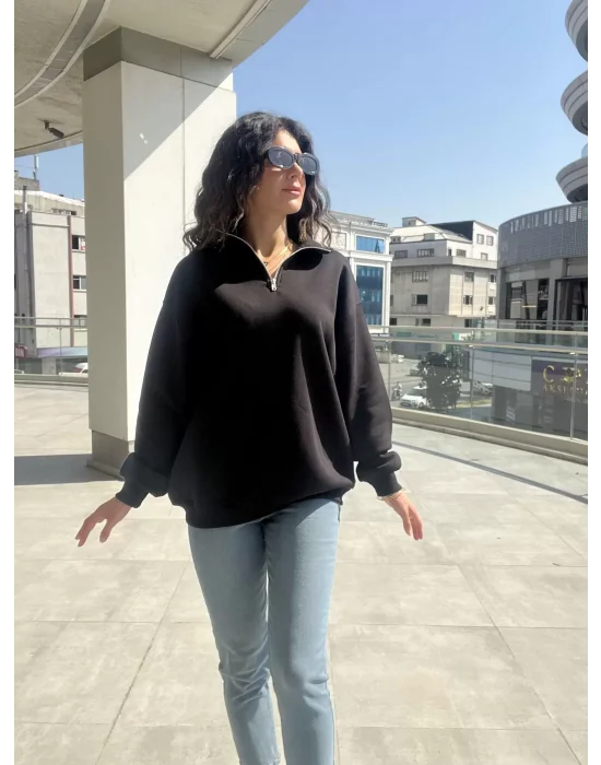 Yaka Fermuarlı Sweatshirt Siyah