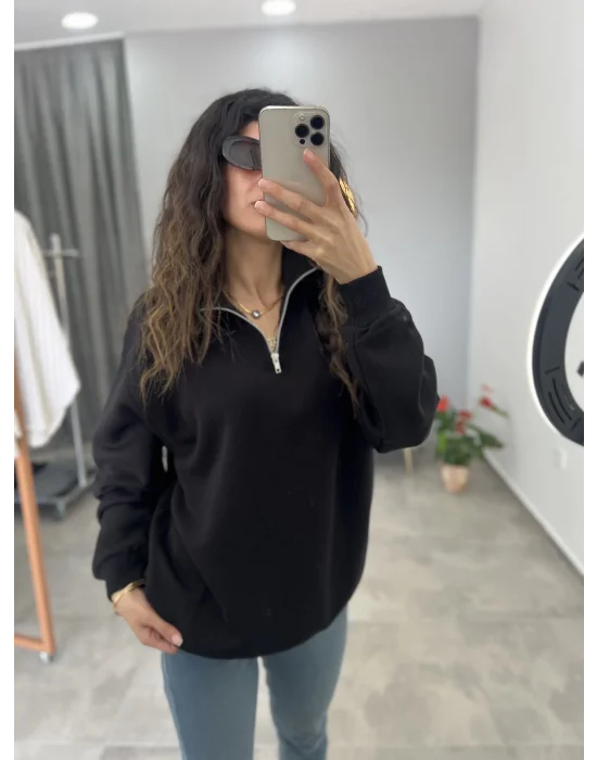 Yaka Fermuarlı Sweatshirt Siyah
