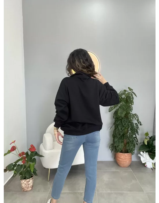 Yaka Fermuarlı Sweatshirt Siyah