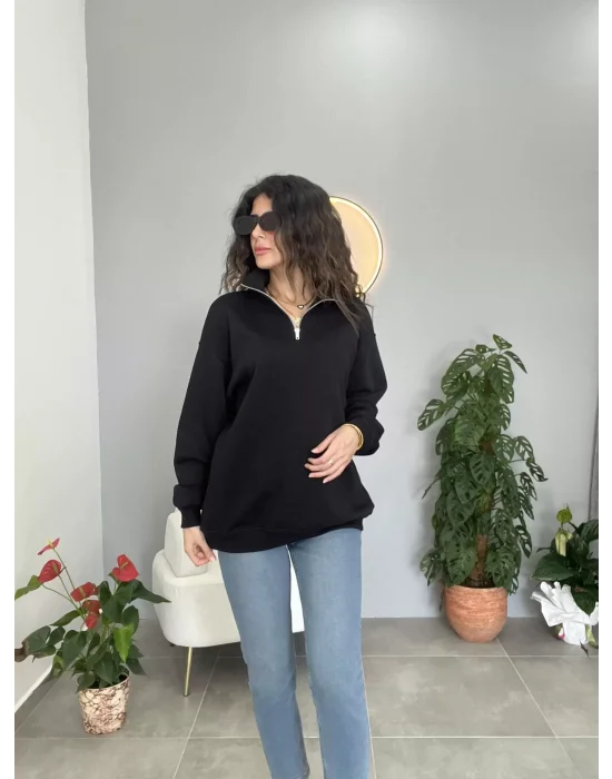 Yaka Fermuarlı Sweatshirt Siyah