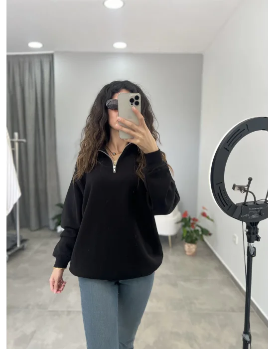 Yaka Fermuarlı Sweatshirt Siyah