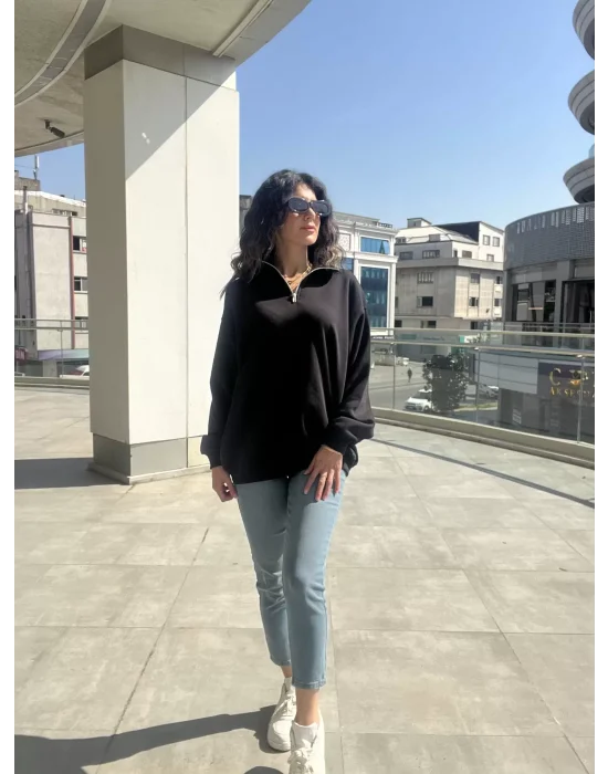 Yaka Fermuarlı Sweatshirt Siyah