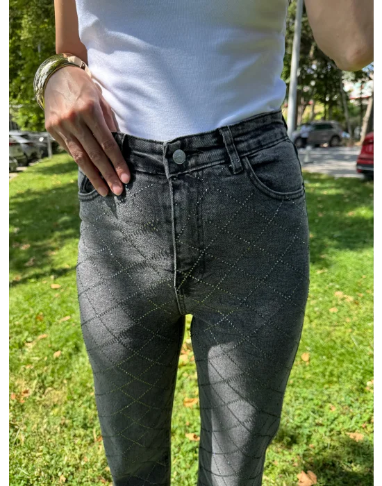 Antrasit Baklava Desenli Taşlı Pantalon