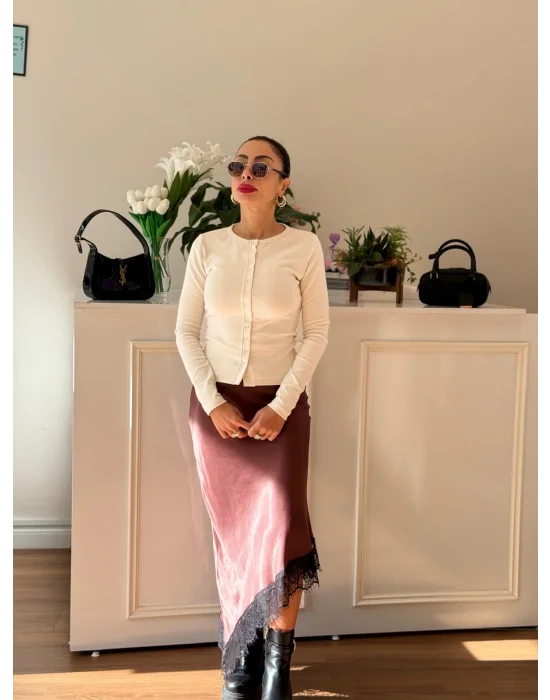 ASİMETRİK KESİM DANTEL DETAYLI MİDİ SATEN ETEK