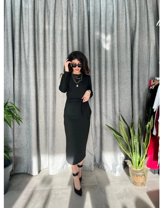 Beli Bağlama Detaylı Modal Kumaş Elbise Siyah