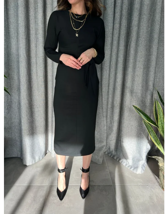 Beli Bağlama Detaylı Modal Kumaş Elbise Siyah