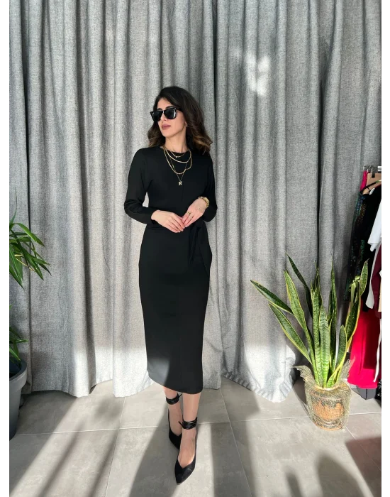 Beli Bağlama Detaylı Modal Kumaş Elbise Siyah