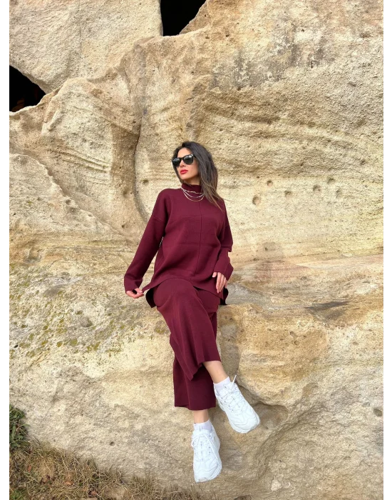 Bordo Dik Yaka Rahat Triko Takım