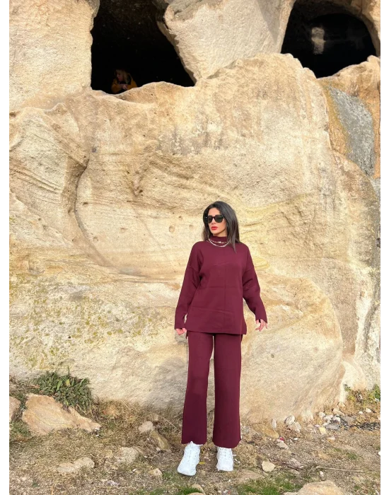 Bordo Dik Yaka Rahat Triko Takım