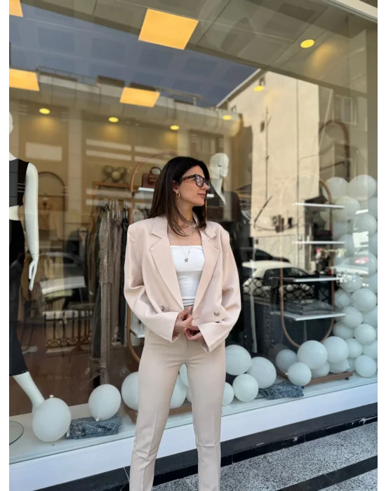Crop Ceketli Blazer Takım bej