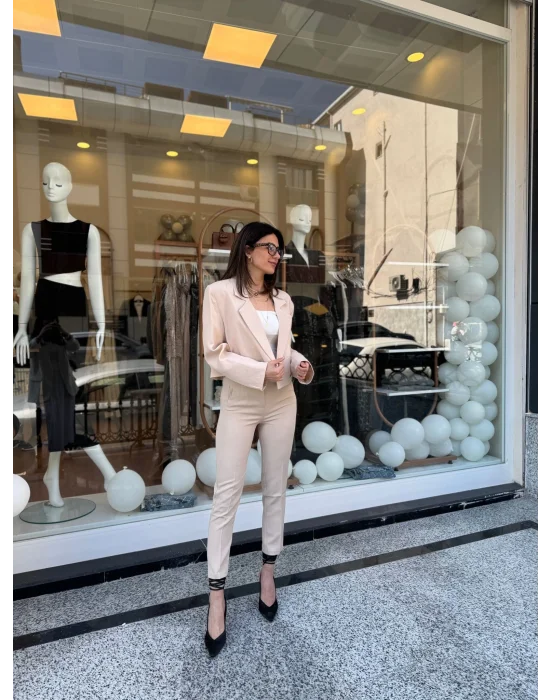 Crop Ceketli Blazer Takım bej