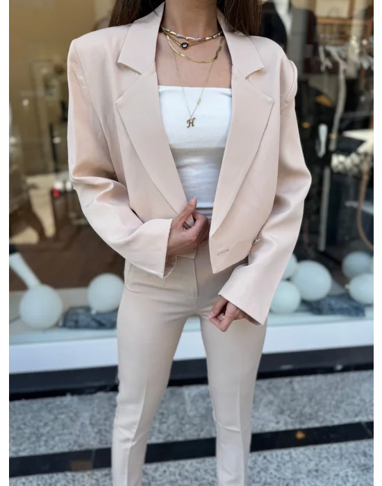 Crop Ceketli Blazer Takım bej