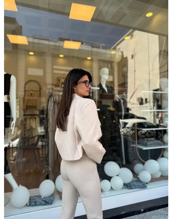 Crop Ceketli Blazer Takım bej