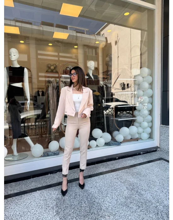 Crop Ceketli Blazer Takım bej