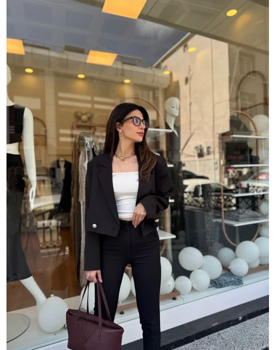 Crop Ceketli Blazer Takım Siyah