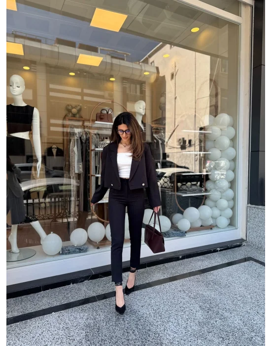 Crop Ceketli Blazer Takım Siyah